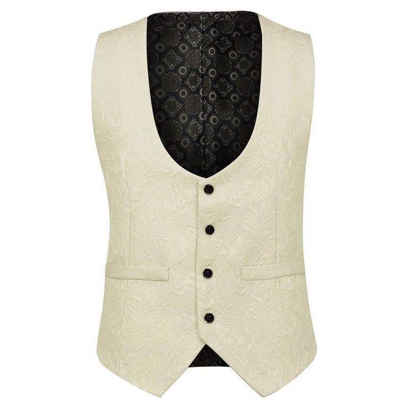 YFFUSHI Men's 3 Piece Suit Slim Fit Jacquard Tuxedo 1 Button Shawl Collar Blazer Vest & Pants for Wedding Formal Prom Khaki - Image 4
